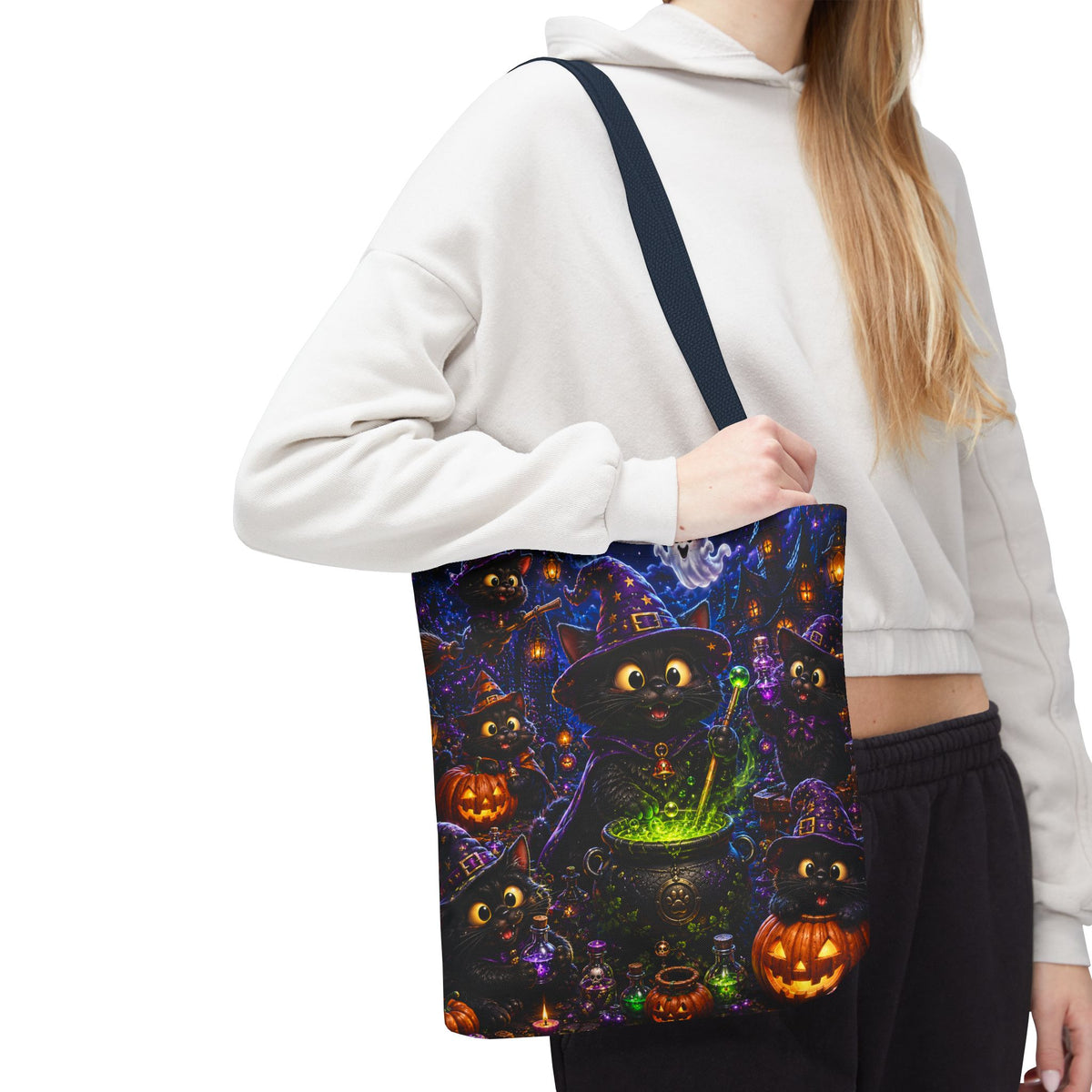 Halloween Black Cat Witches Tote Bag — Cute 3D Cats, Cauldron & Pumpkins Design