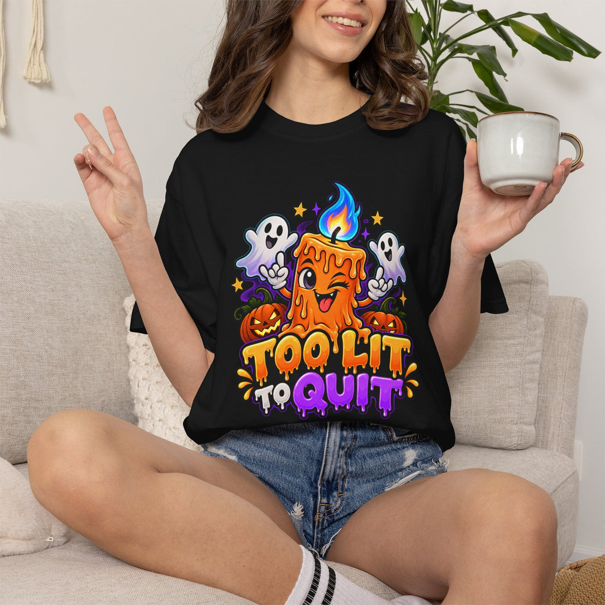 Too Lit to Quit – Funny Halloween Candle T-Shirt