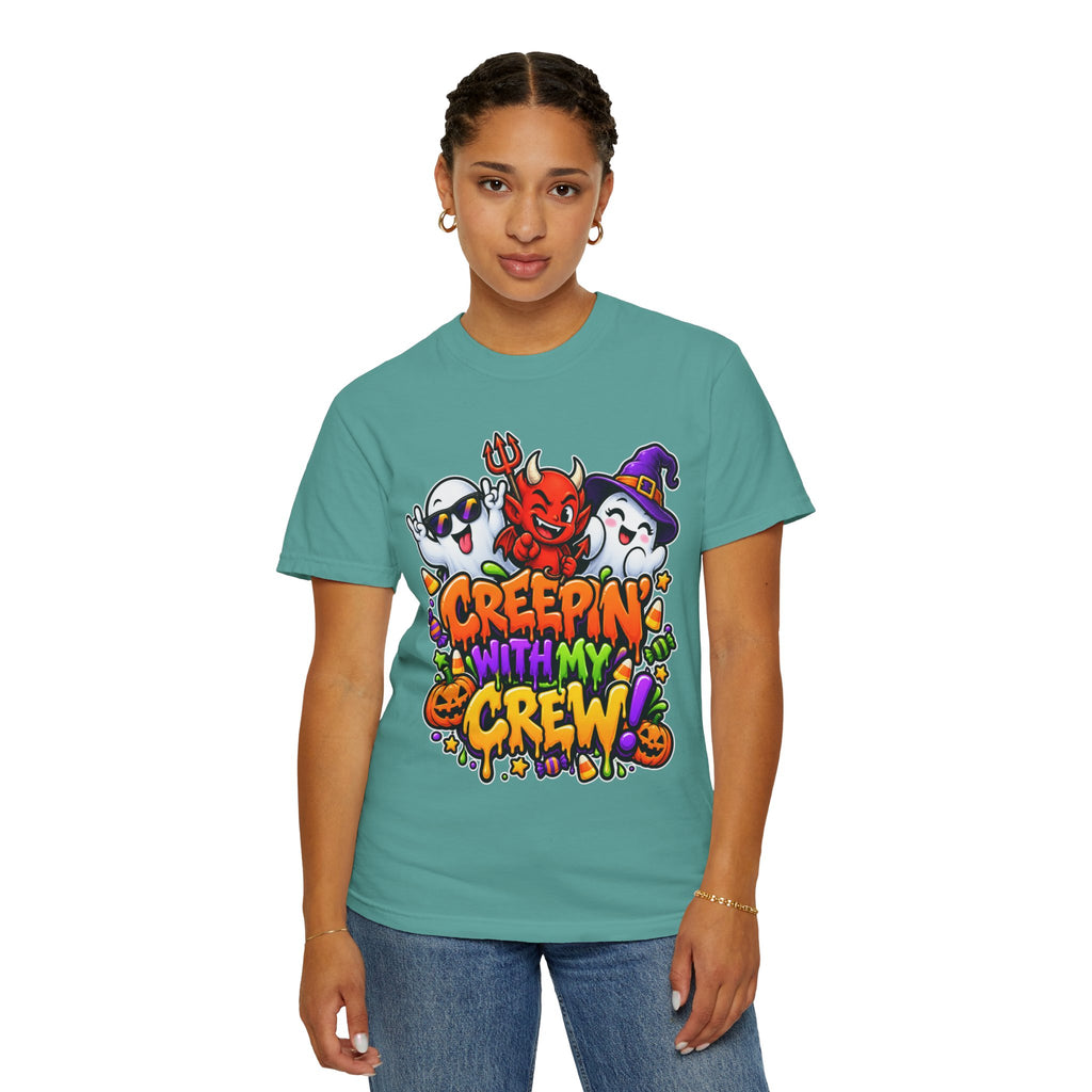 Creepin’ With My Crew Halloween T-Shirt – Colorful Funny Ghost & Devil Graphic Tee