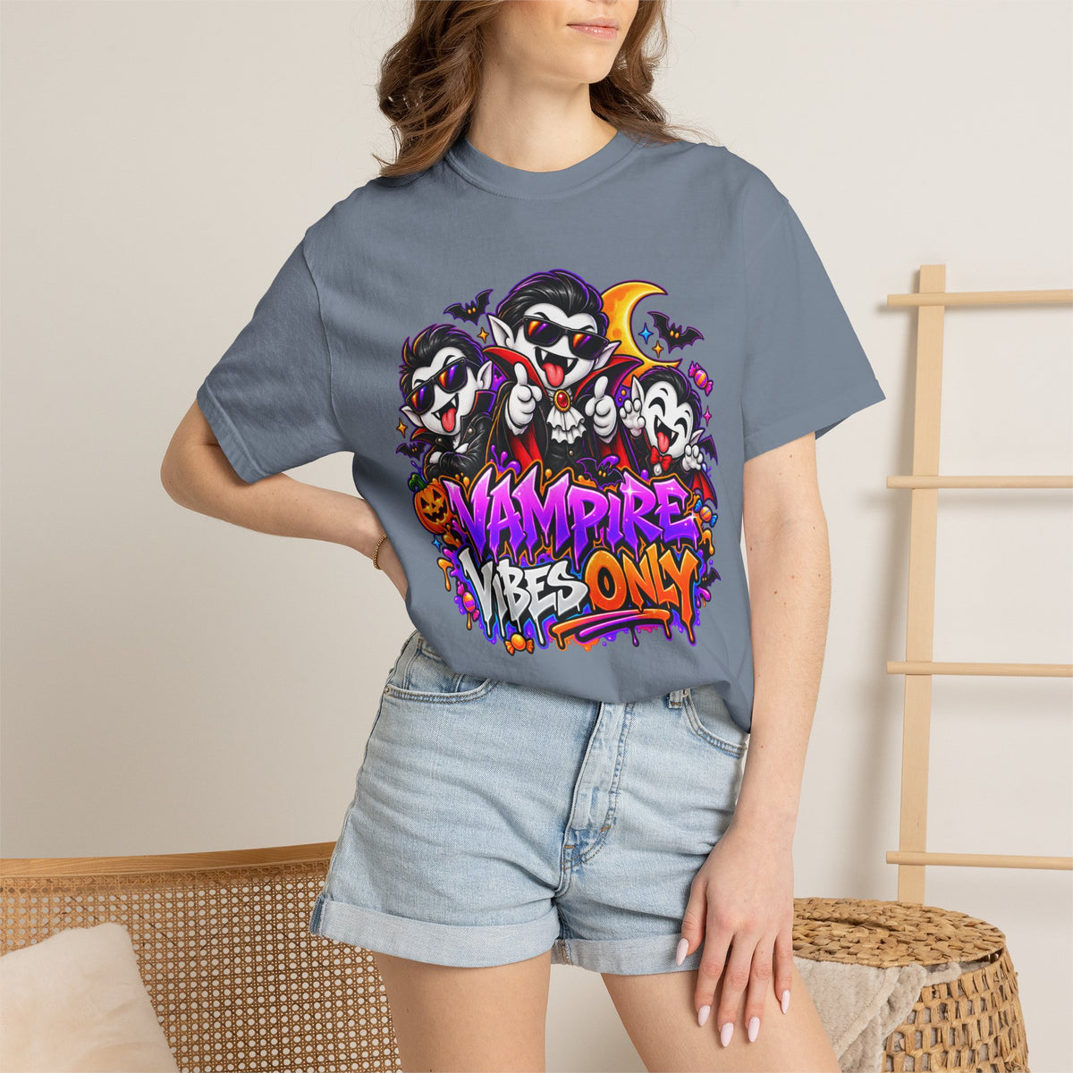 Neon Vampire Vibes Halloween Unisex Garment-Dyed T-Shirt Featuring a Cool Festora Vampire Crew