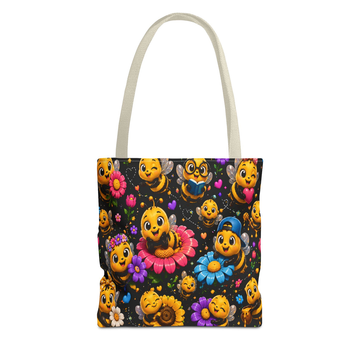 Cute Bee Pattern Tote Bag — Colorful Floral Cartoon Bees All-Over Print
