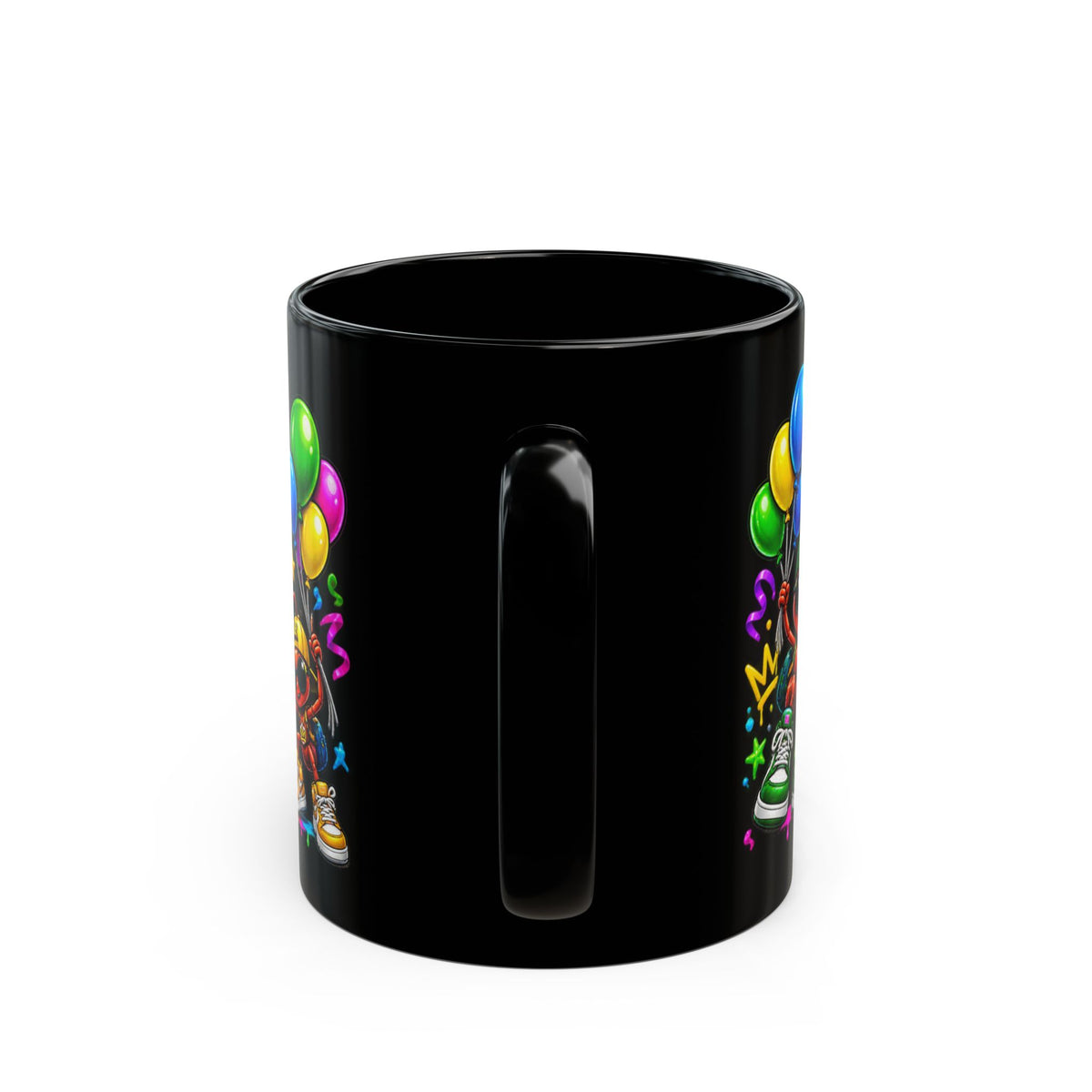 Happy Birthday Black Mug — Colorful Graffiti Celebration Coffee Cup (11oz/15oz)