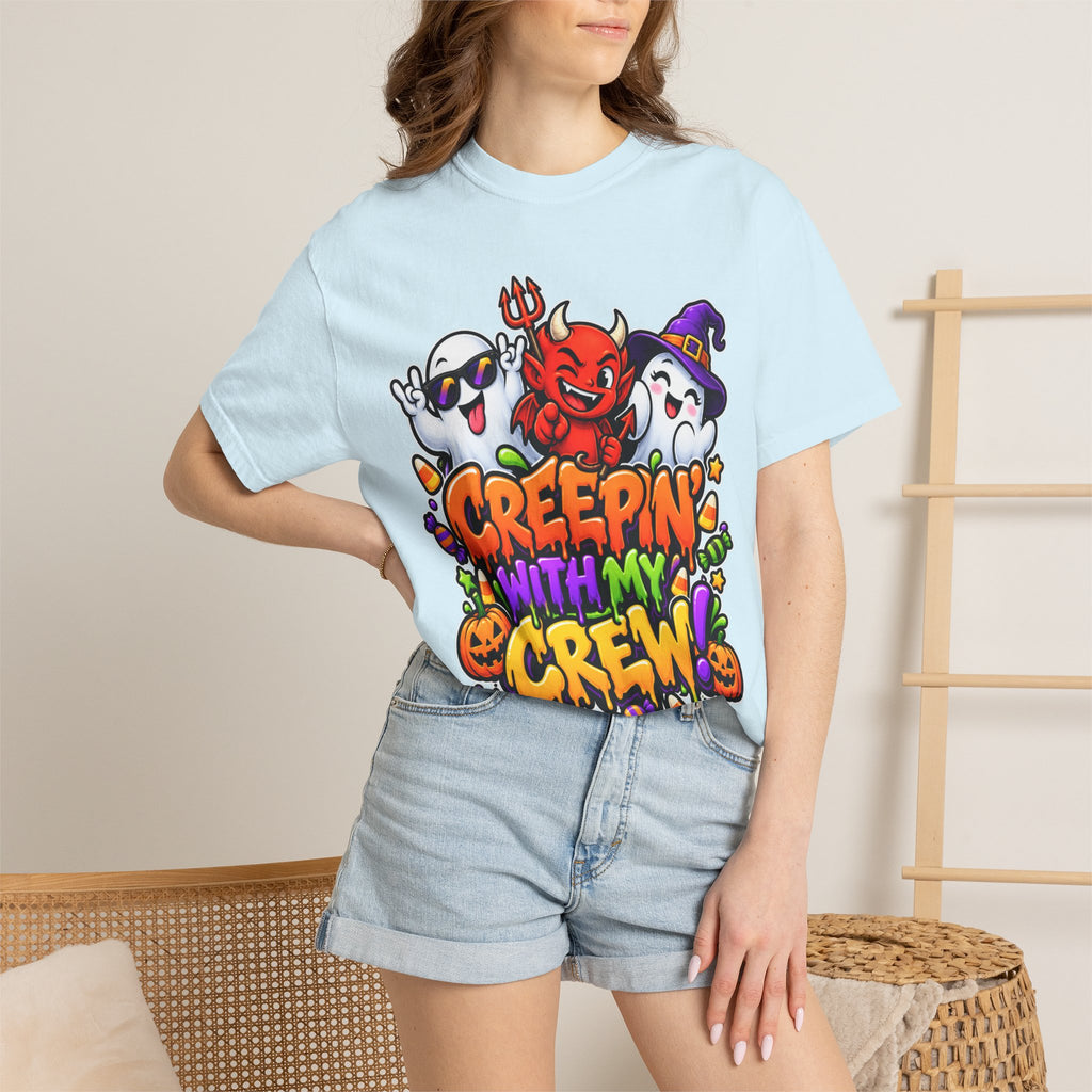 Creepin’ With My Crew Halloween T-Shirt – Colorful Funny Ghost & Devil Graphic Tee