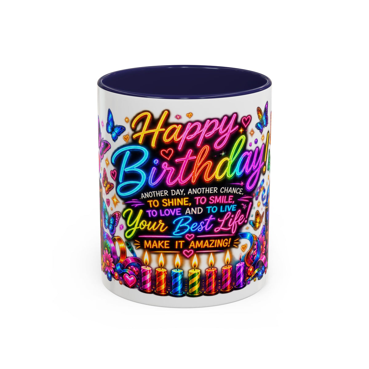 Birthday Coffee Mug – Colorful "Happy Birthday" Gift Mug with Butterflies & Candles