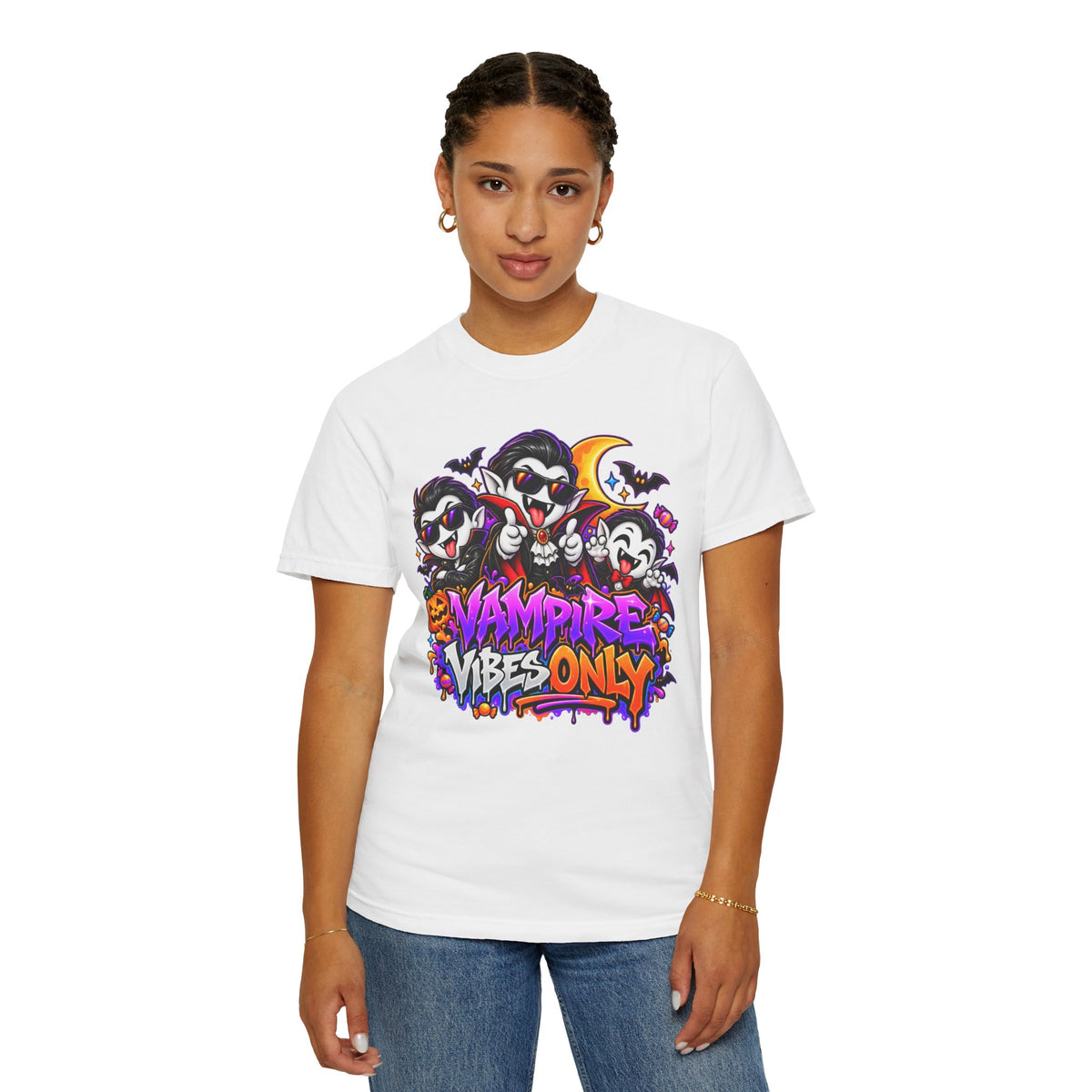 Neon Vampire Vibes Halloween Unisex Garment-Dyed T-Shirt Featuring a Cool Festora Vampire Crew