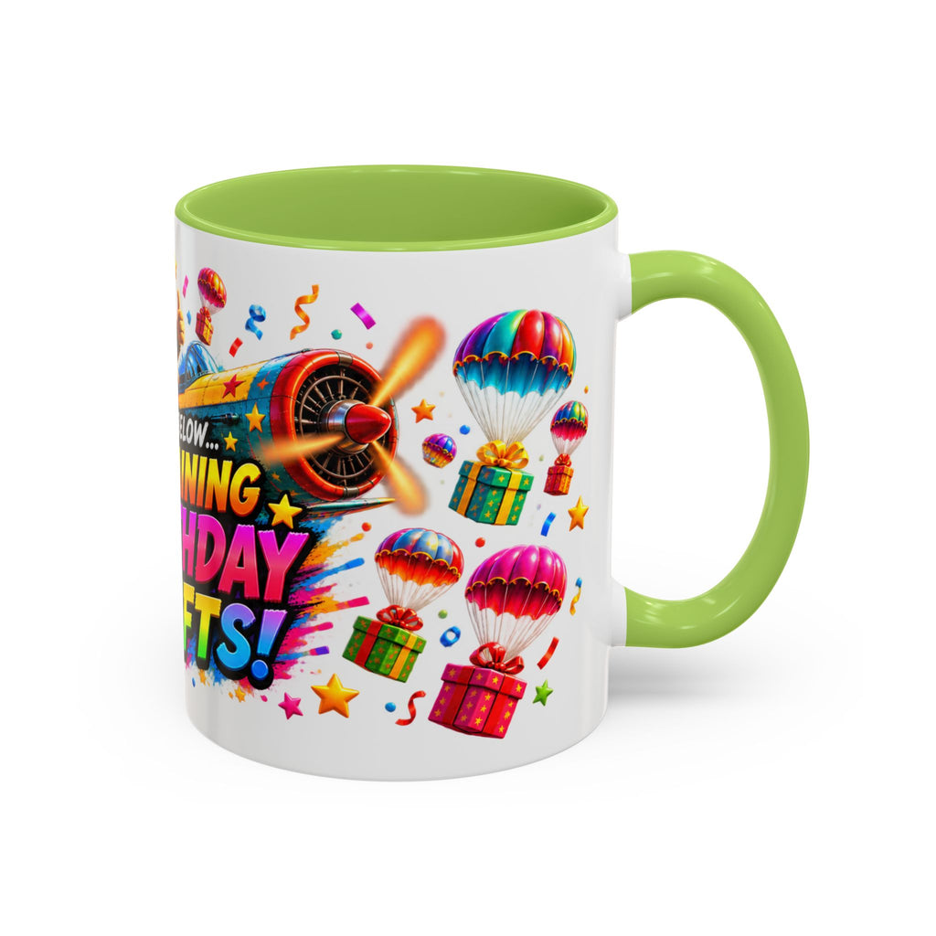 Birthday Gifts Coffee Mug — "It's Raining Birthday Gifts!" Colorful Accent Mug
