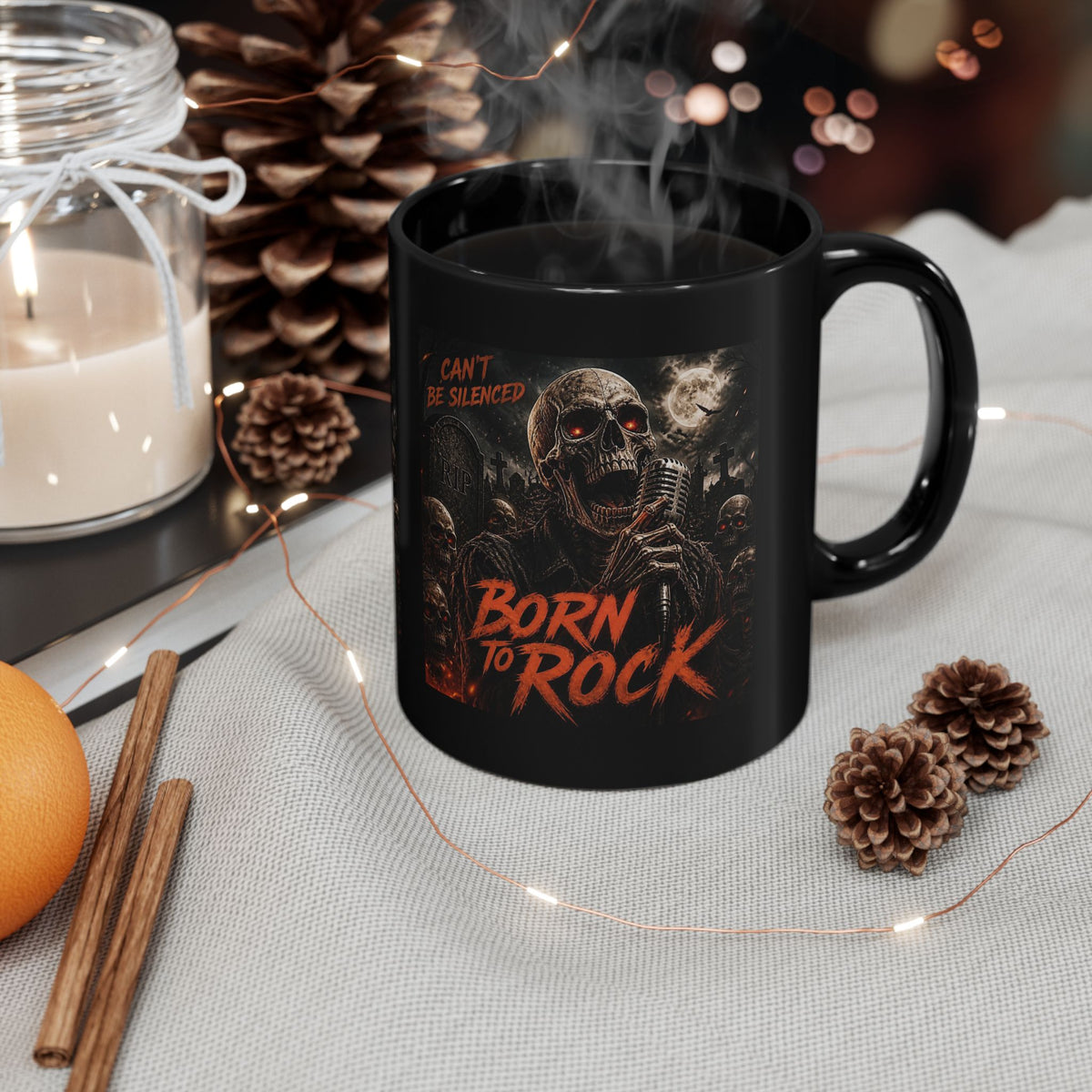 Born to Rock Skull Coffee Mug — Gothic Heavy Metal 11oz/15oz Black Mug