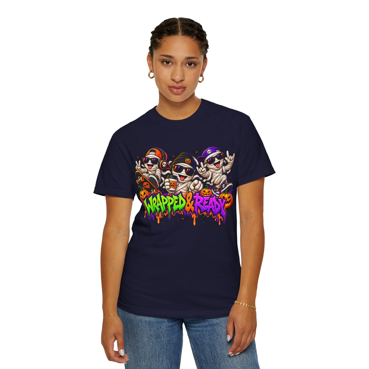 Wrapped & Ready – Halloween Mummy Crew Graphic T-Shirt