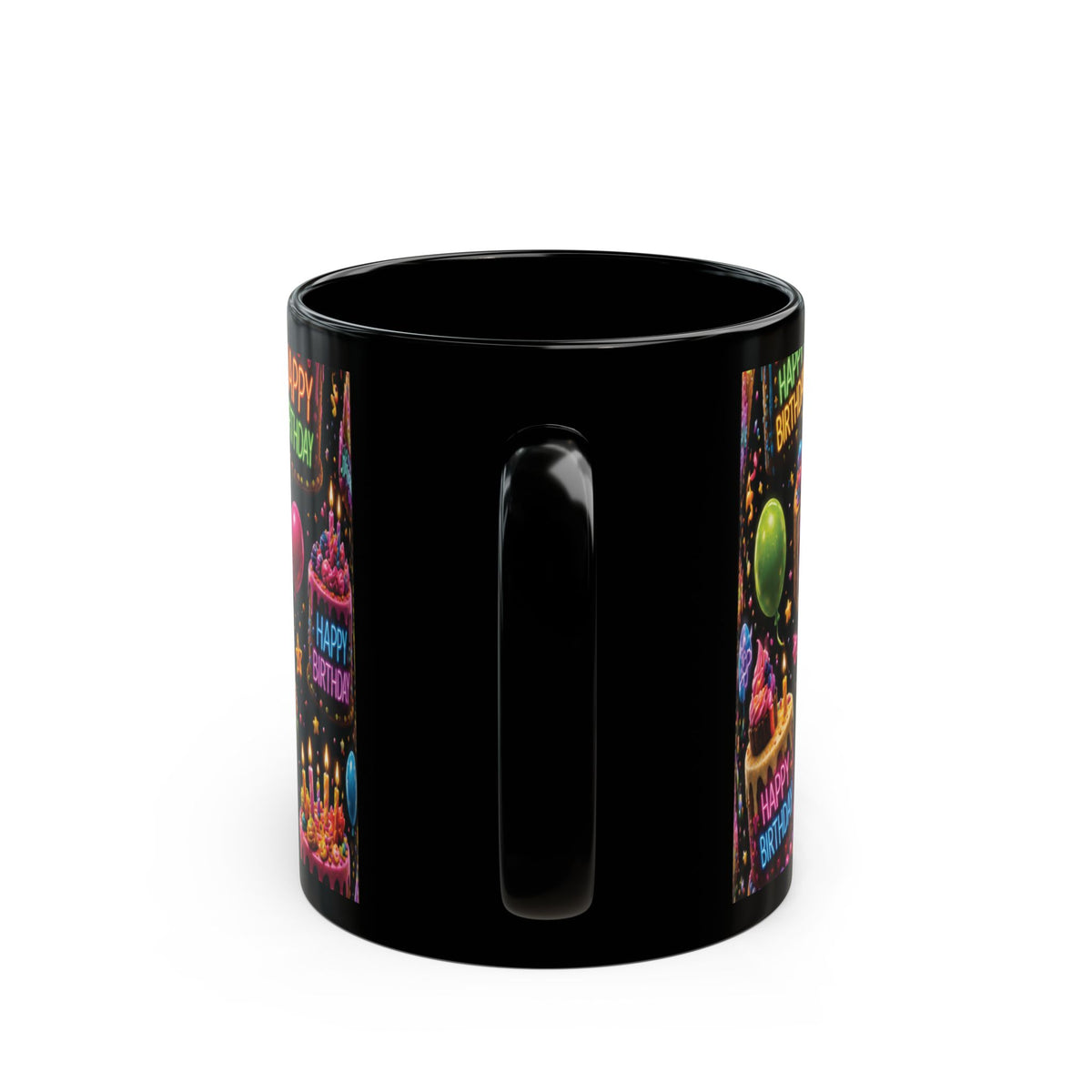 Happy Birthday Neon Cake Black Mug — Colorful Party Coffee Cup (11oz/15oz)