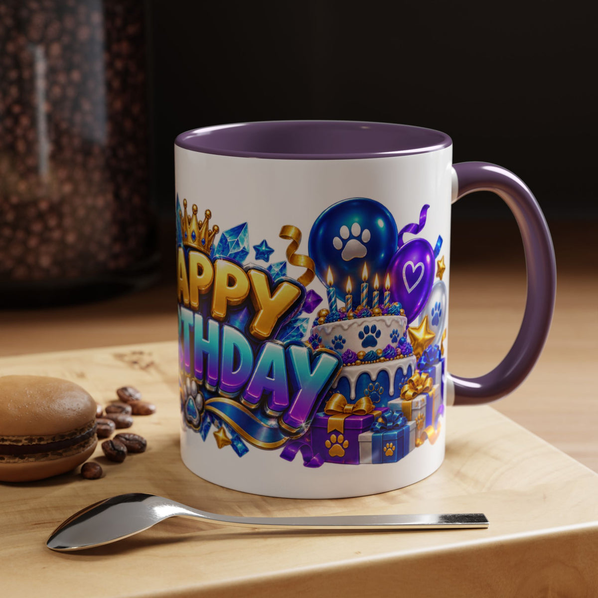 White Wolf Happy Birthday Mug – Blue Purple & Gold Birthday Gift – FestoraShop White Coffee Mug