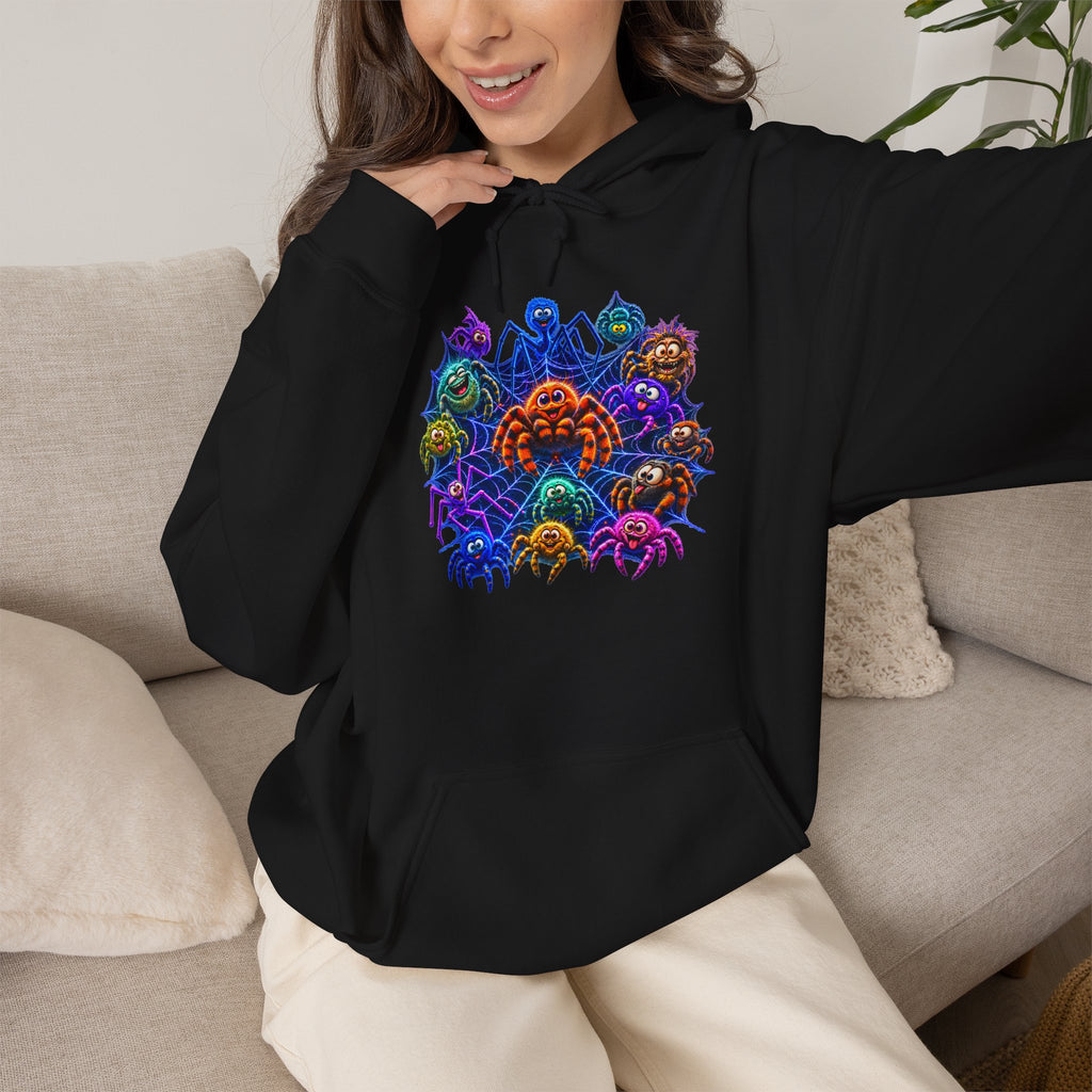 Colorful Spider Squad Black Hoodie - Funny Halloween Graphic Unisex Sweatshirt