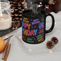 Happy Birthday Neon Typography Mug — Colorful Black Celebration Cup
