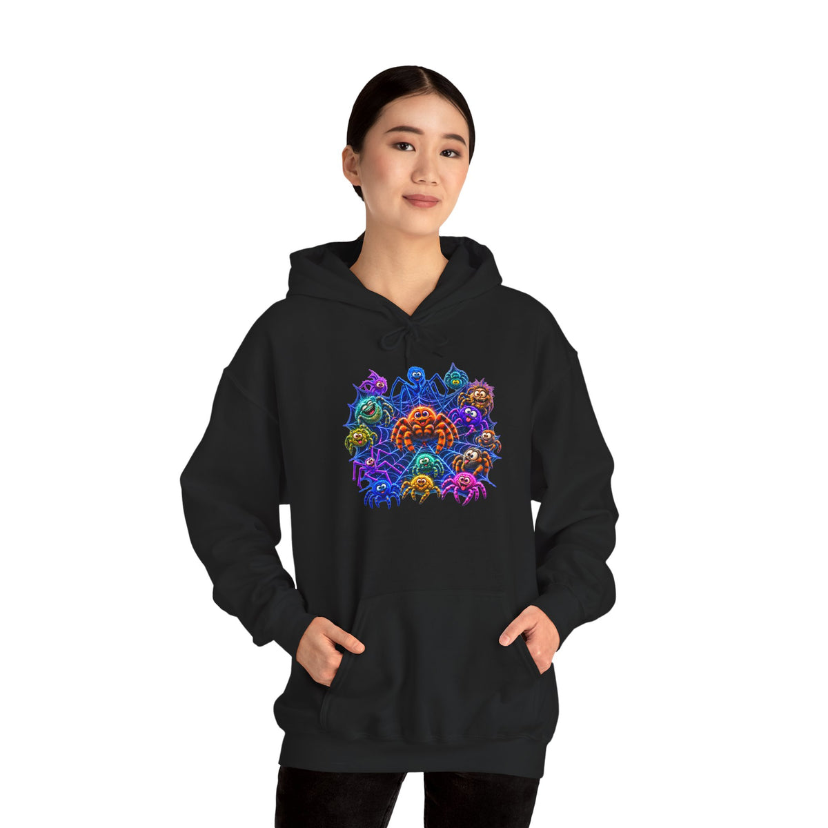 Colorful Spider Squad Black Hoodie - Funny Halloween Graphic Unisex Sweatshirt