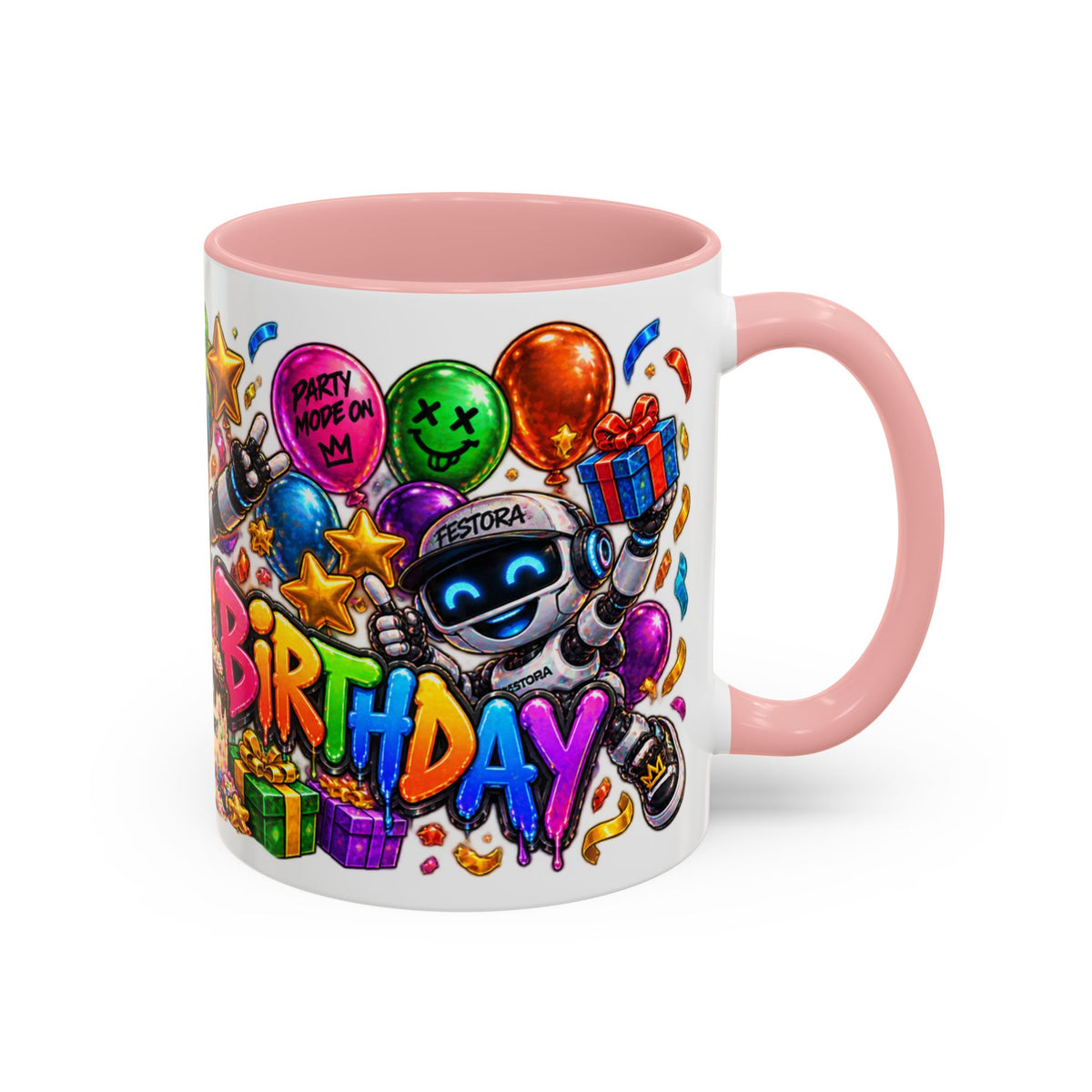 Birthday Robot Coffee Mug — Colorful Happy Birthday Accent Mug (11oz)