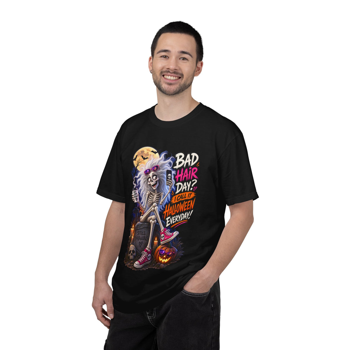 Halloween T-Shirt — “Bad Hair Day? I Call It Halloween Everyday!” Gothic Skeleton Tee
