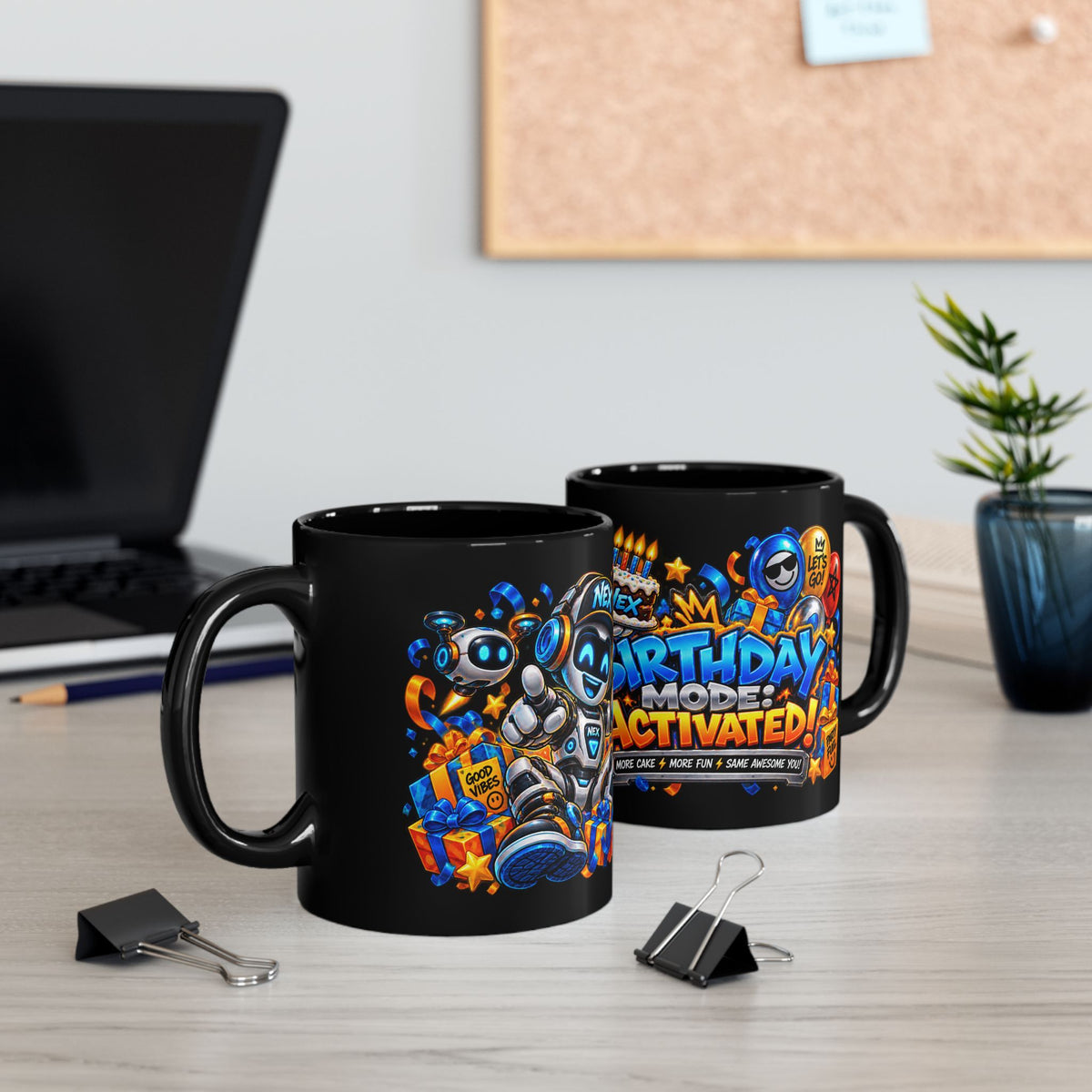 Birthday Mode Activated Black Mug – Festora Nex Robot Birthday Cup