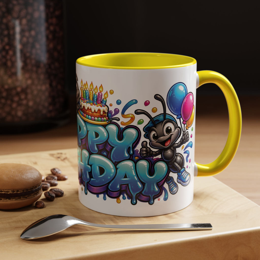 Happy Birthday Cartoon Mug – Graffiti Ants, Birthday Cake, Balloons & Confetti Coffee Cup