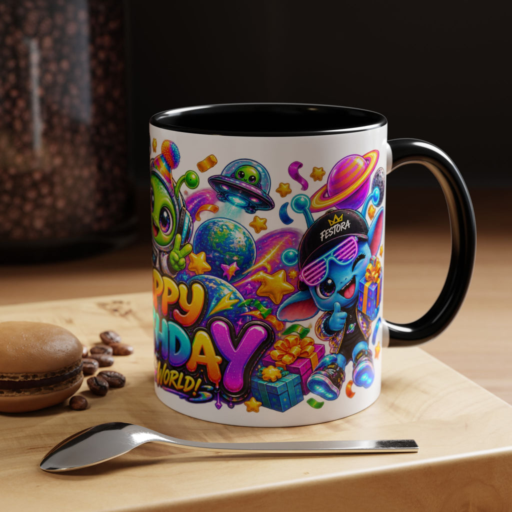 Happy Birthday Out of This World Accent Mug — Cute Alien Space Birthday Coffee Cup (11oz)