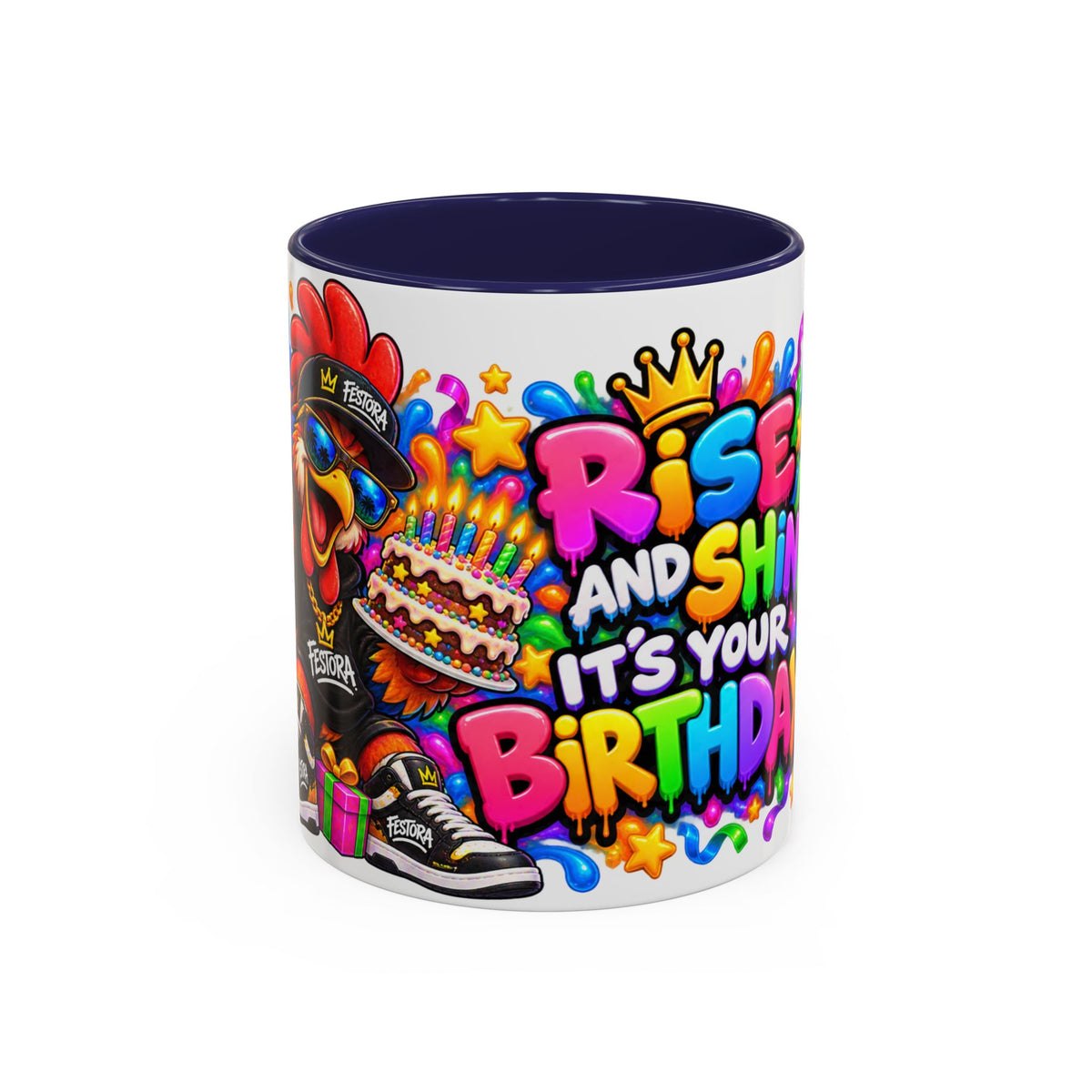 RISE AND SHINE… IT’S YOUR BIRTHDAY! White Ceramic Mug – Funny Rooster Birthday Coffee Cup – Colorful Party Gift – Original FestoraShop Design