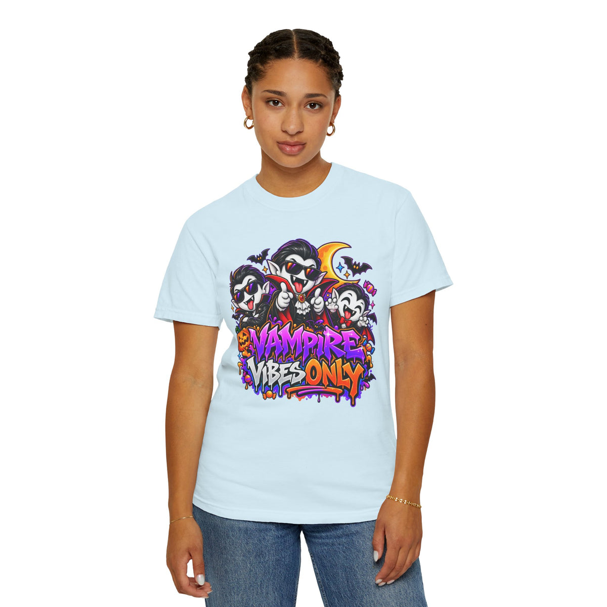 Neon Vampire Vibes Halloween Unisex Garment-Dyed T-Shirt Featuring a Cool Festora Vampire Crew