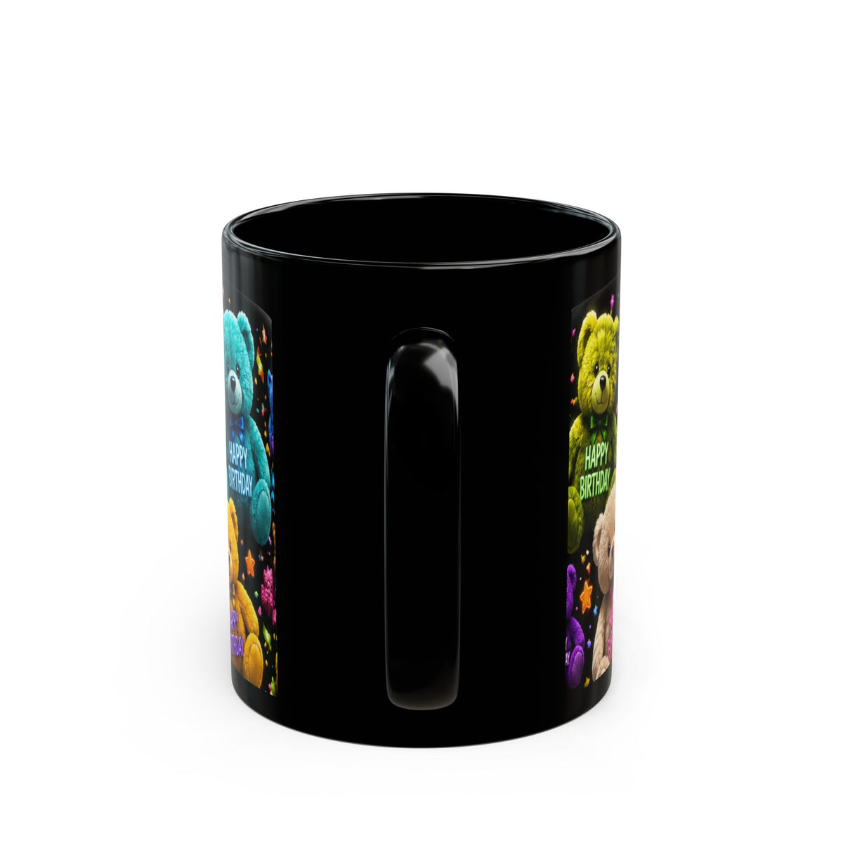 Happy Birthday Teddy Bear Mug — Colorful Black Birthday Coffee Cup (11oz/15oz)
