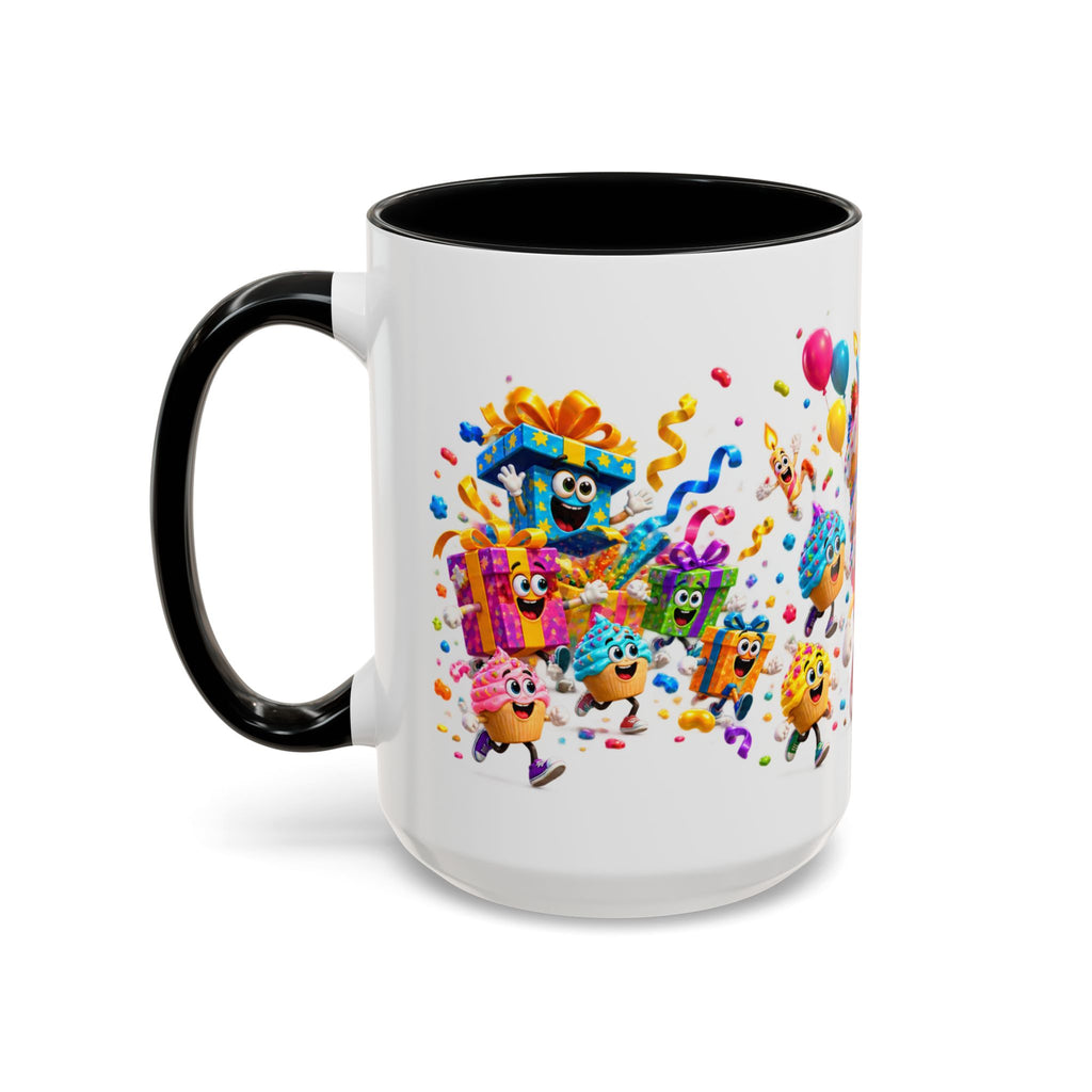 Birthday Party Coffee Mug – Colorful Happy Birthday Cake & Balloon Design (11/15oz Accent Mug)