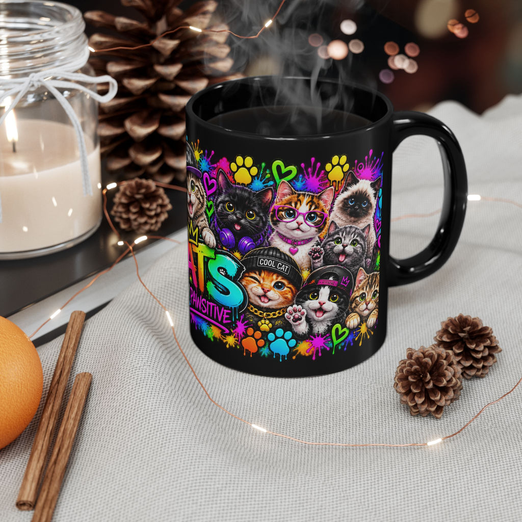 Cats Stay Pawsitive Black Mug – Colorful Cute Cat Coffee Cup (11oz)