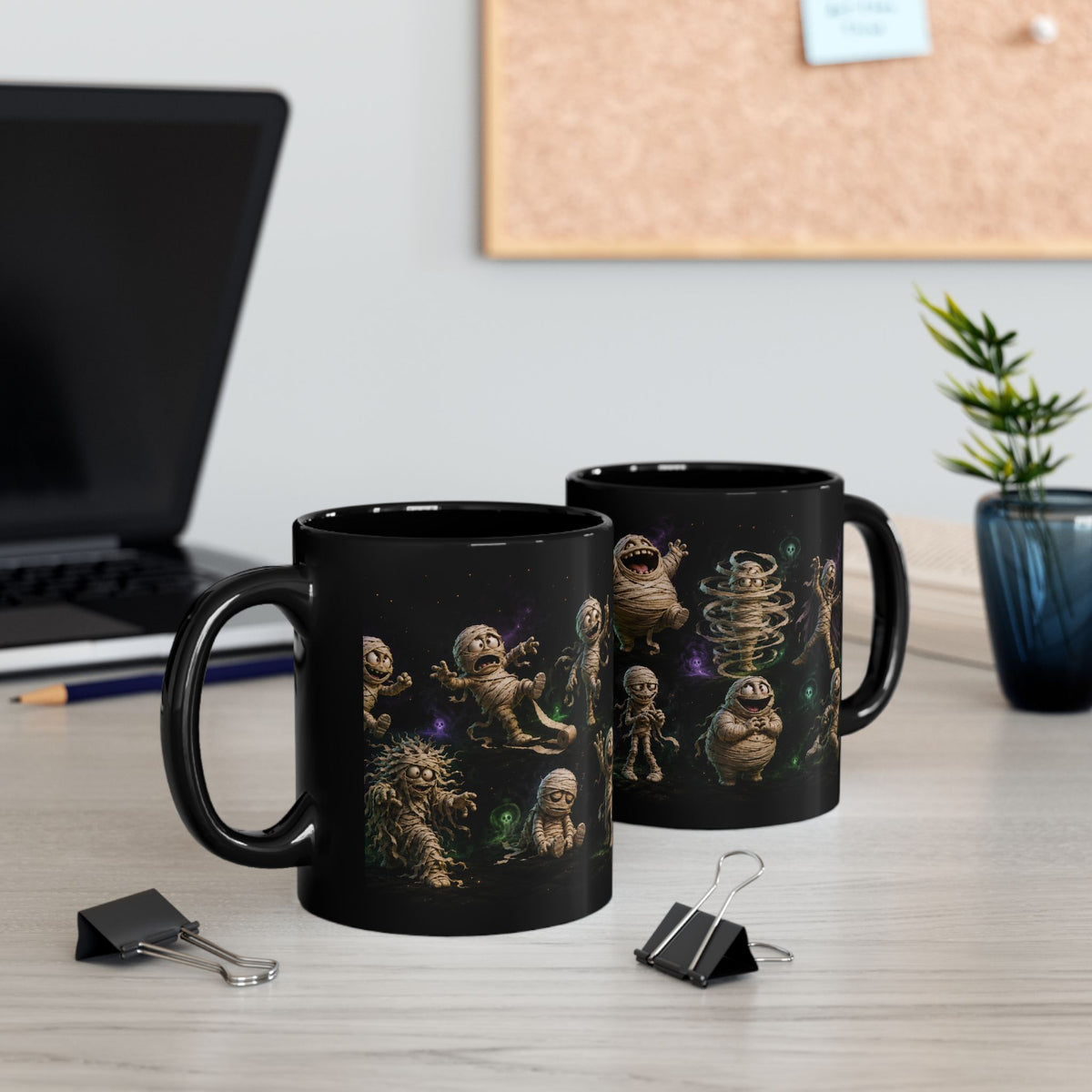 Funny Mummy Black Coffee Mug — Cute Spooky Halloween Character Pattern (11oz/15oz)