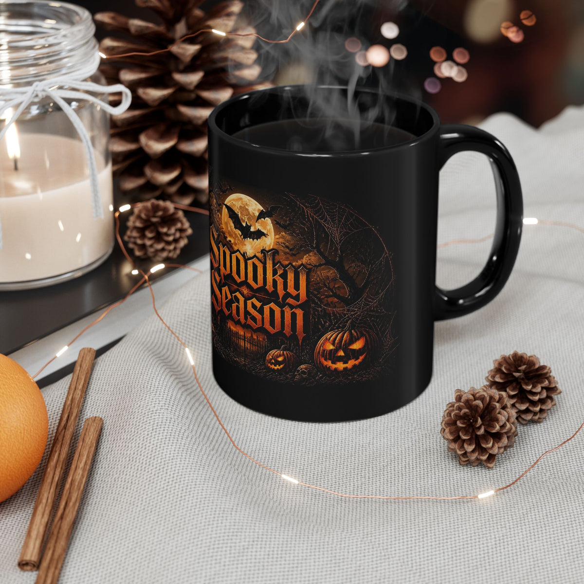 Spooky Season Black Mug – Halloween Pumpkin & Bat Coffee Cup (11oz/15oz)
