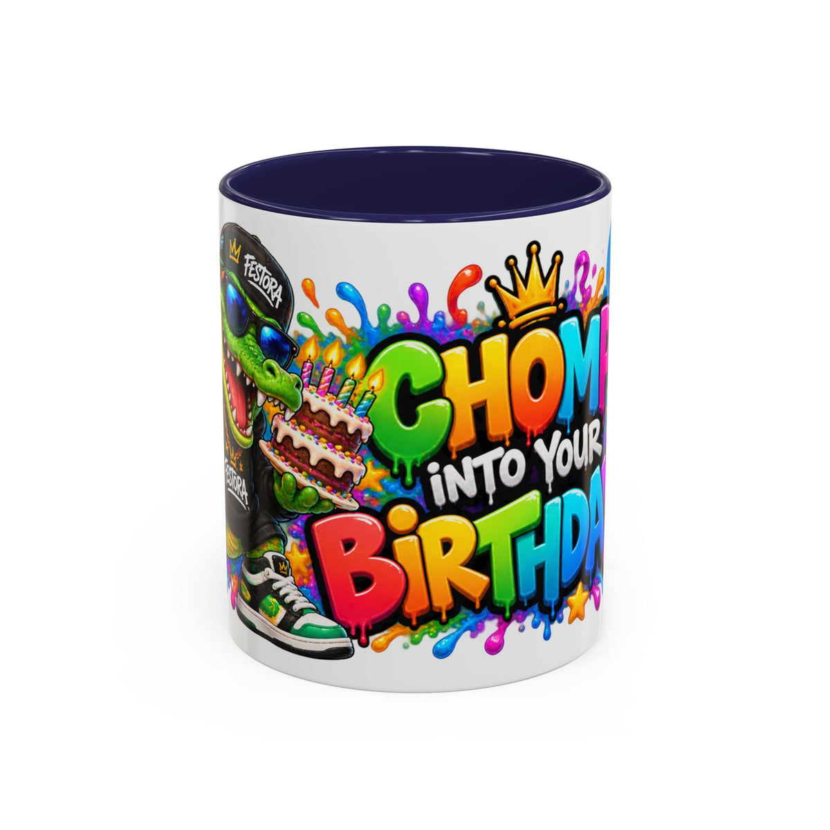 CHOMP INTO YOUR BIRTHDAY! White Ceramic Mug – Funny Crocodile Birthday Coffee Cup – Colorful Party Gift – Original FestoraShop Design