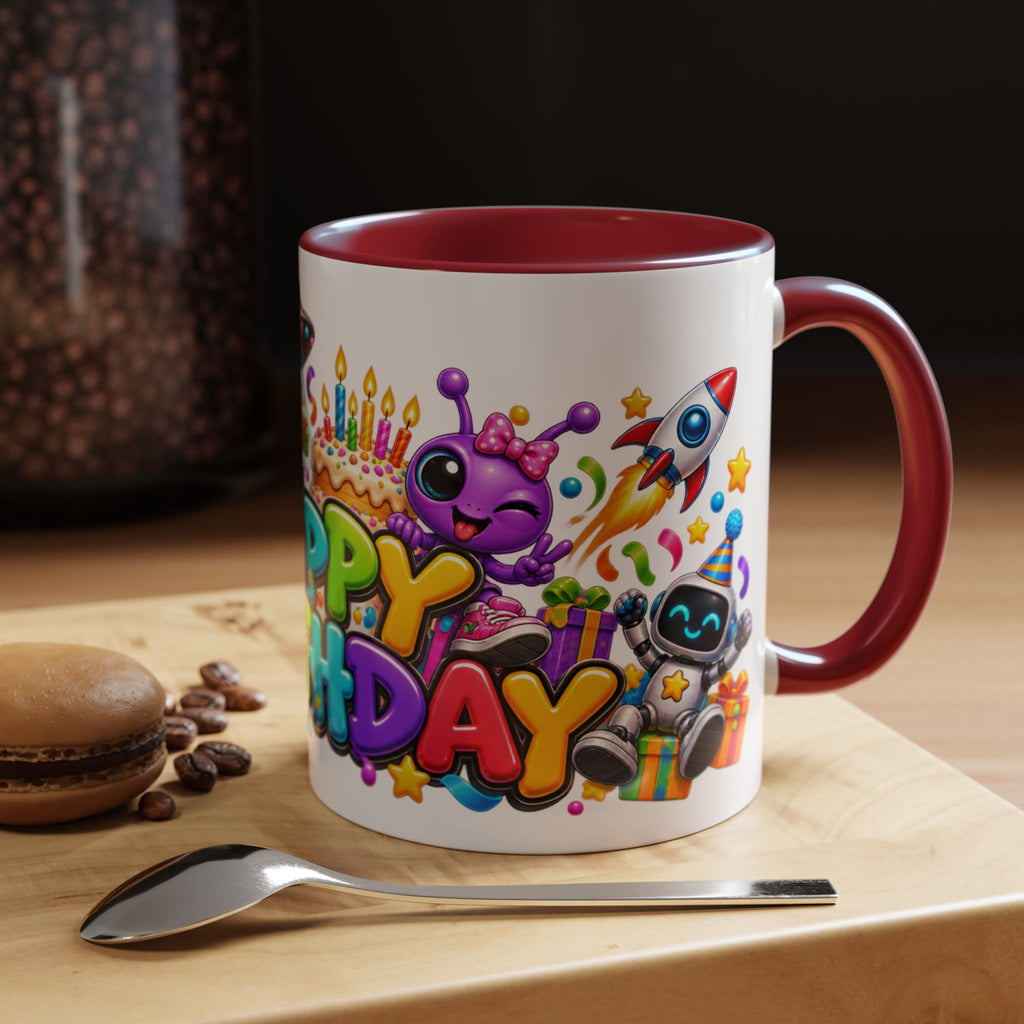Happy Birthday Space Party Mug – Cute Aliens, Robots, UFO & Colorful 3D Birthday Design