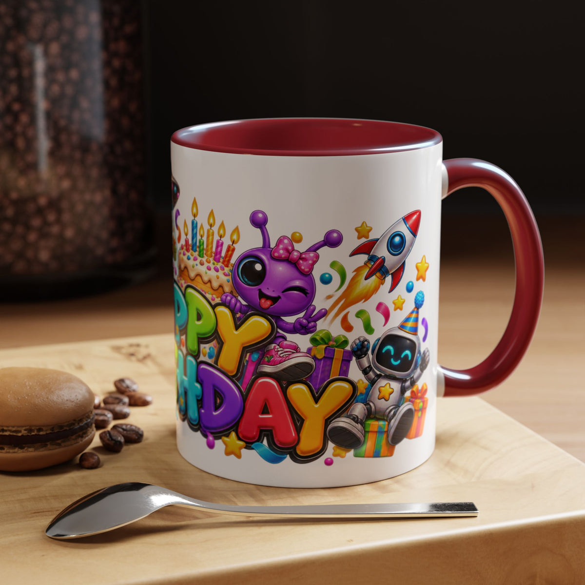 Happy Birthday Space Party Mug – Cute Aliens, Robots, UFO & Colorful 3D Birthday Design