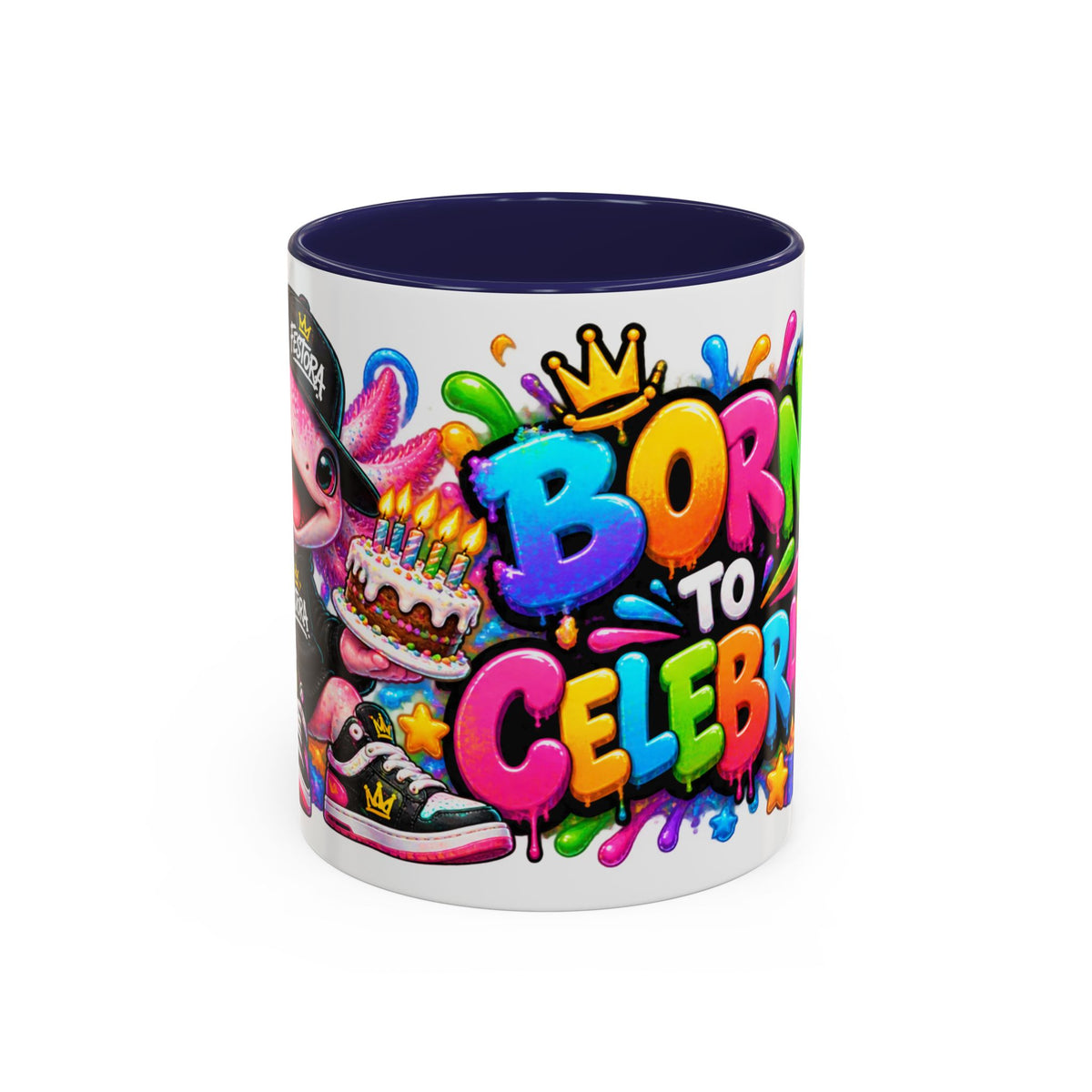 BORN TO CELEBRATE! White Ceramic Mug – Cute Axolotl Birthday Coffee Cup – Colorful Party Gift – Original FestoraShop Design