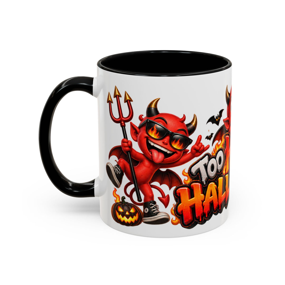 Too Hot for Halloween White Mug – Funny Devils, Flames & Spooky Design