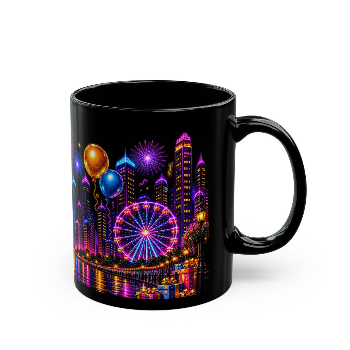 Happy Birthday Neon City Night Mug – Colorful Fireworks & Balloons