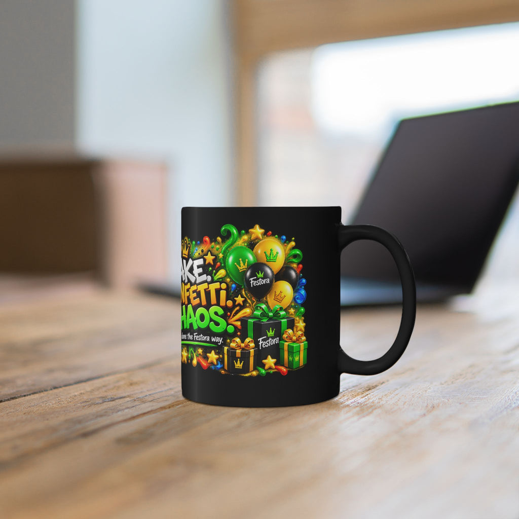 Cake Confetti Chaos Black Mug – Festora Ant Birthday Coffee Cup