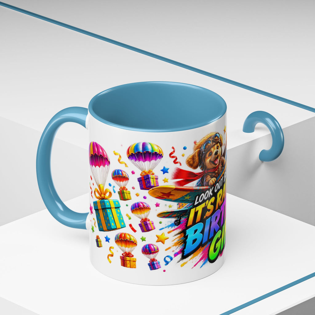 Birthday Gifts Coffee Mug — "It's Raining Birthday Gifts!" Colorful Accent Mug