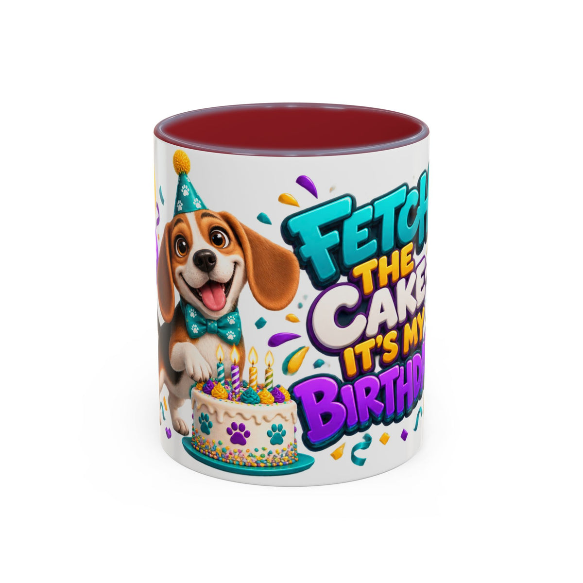 Beagle Birthday Mug – Fetch the Cake White Ceramic Coffee Cup