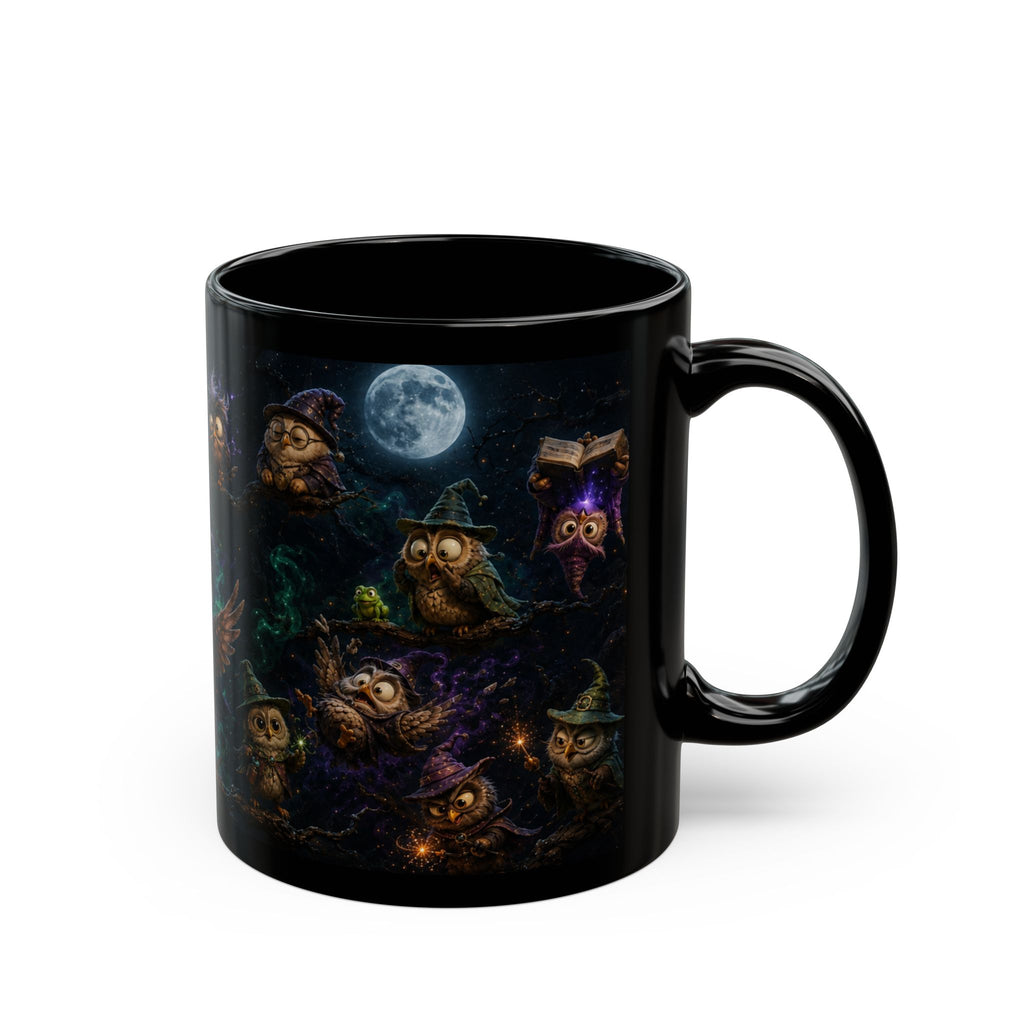 Halloween Magic Owl Night Mug — Cute Wizard Owls under Full Moon (Black 11oz/15oz)