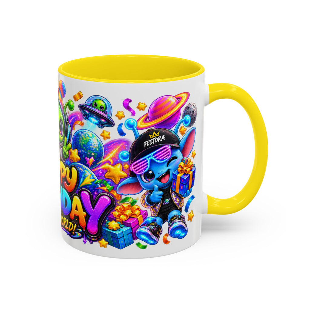 Happy Birthday Out of This World Accent Mug — Cute Alien Space Birthday Coffee Cup (11oz)