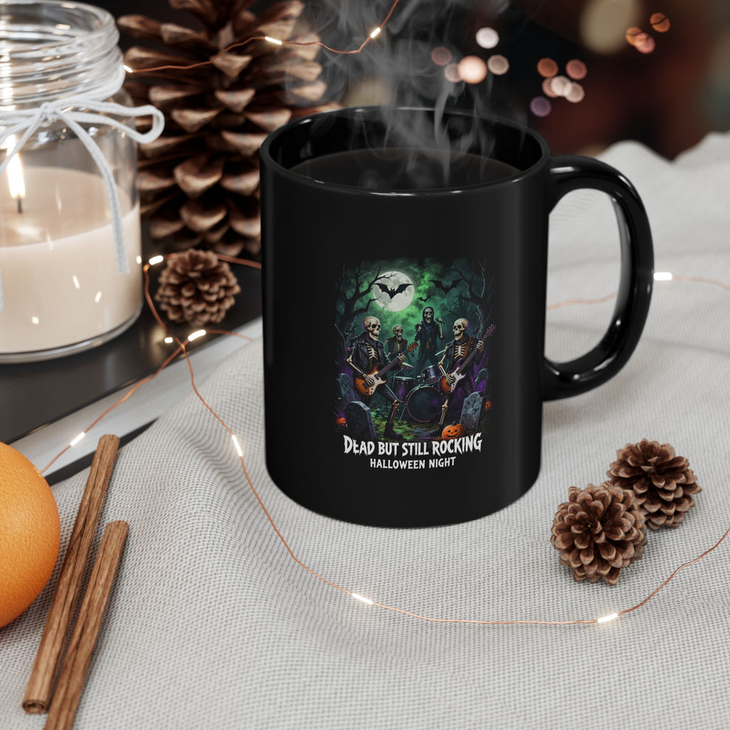 Dead But Still Rocking Halloween Mug — Spooky Skeleton Band Black Coffee Cup