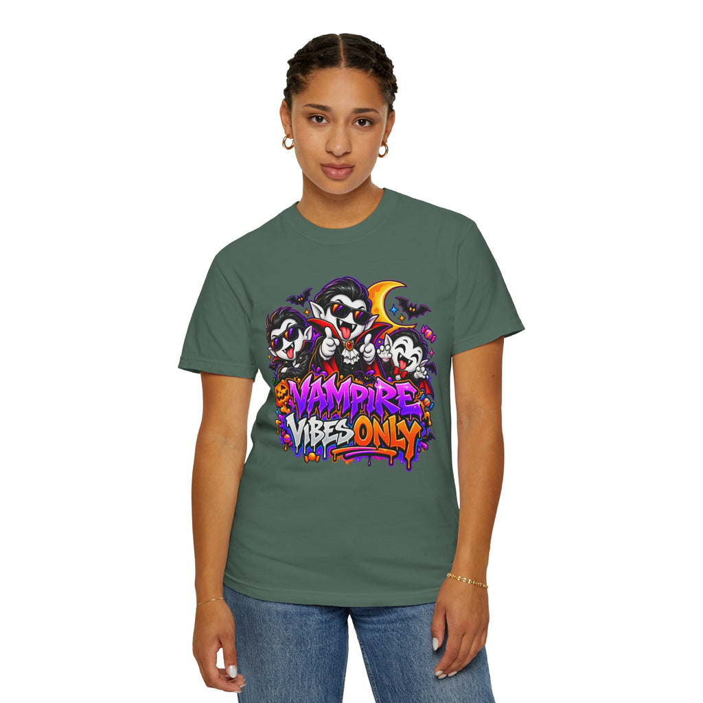 Neon Vampire Vibes Halloween Unisex Garment-Dyed T-Shirt Featuring a Cool Festora Vampire Crew