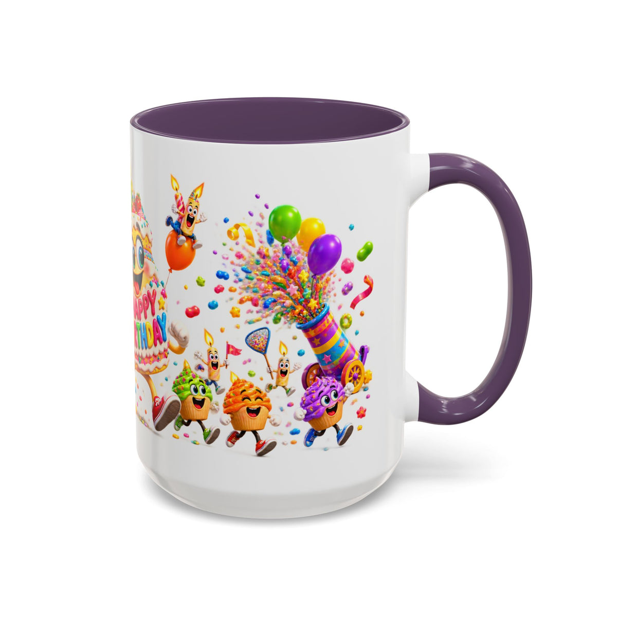 Birthday Party Coffee Mug – Colorful Happy Birthday Cake & Balloon Design (11/15oz Accent Mug)