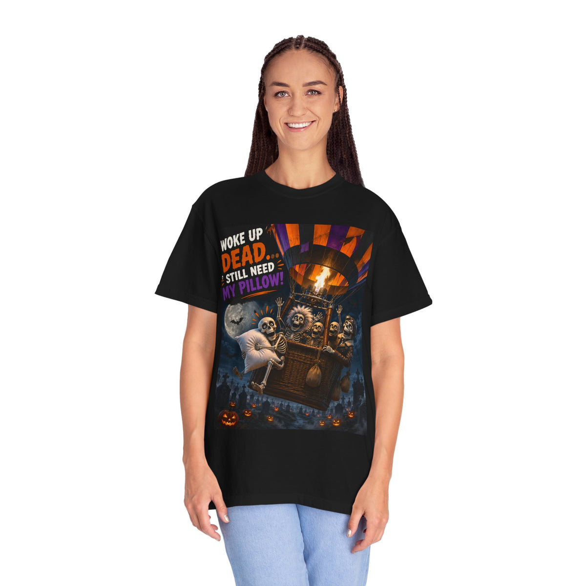 Halloween Skeleton Hot Air Balloon T-Shirt — "Woke Up Dead... Still Need My Pillow"