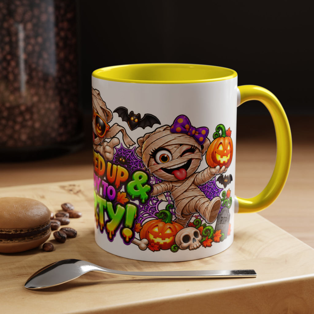 Wrapped Up & Ready to Party White Mug – Funny Mummies & Spooky Party Design