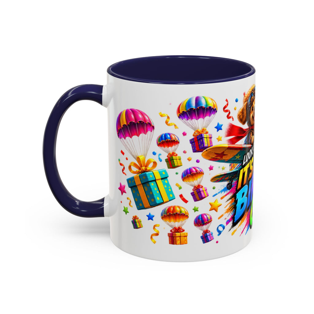 Birthday Gifts Coffee Mug — "It's Raining Birthday Gifts!" Colorful Accent Mug