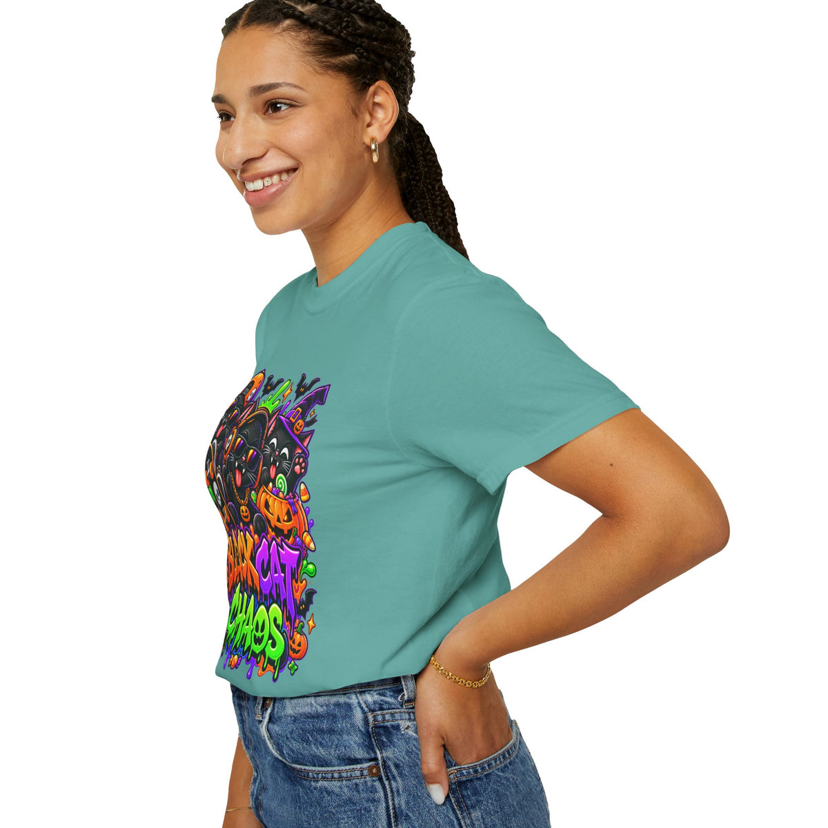 Neon Black Cat Halloween Chaos T-Shirt | Cute Spooky Cat Graphic Tee