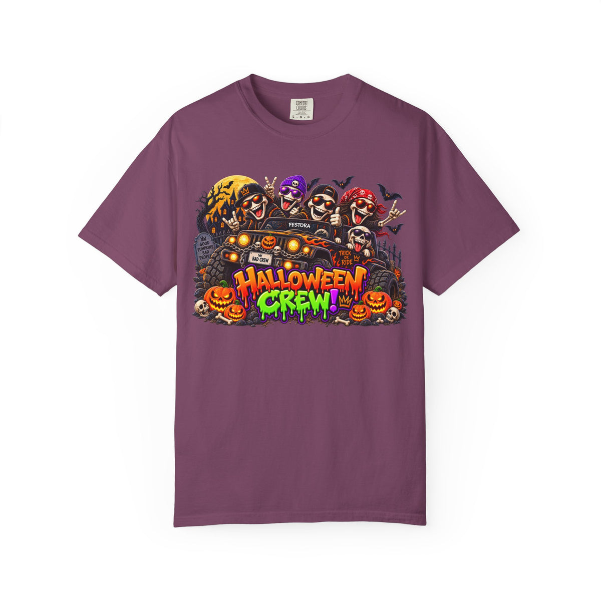 Halloween Crew T-Shirt – Skeleton Jeep Spooky Graphic Tee