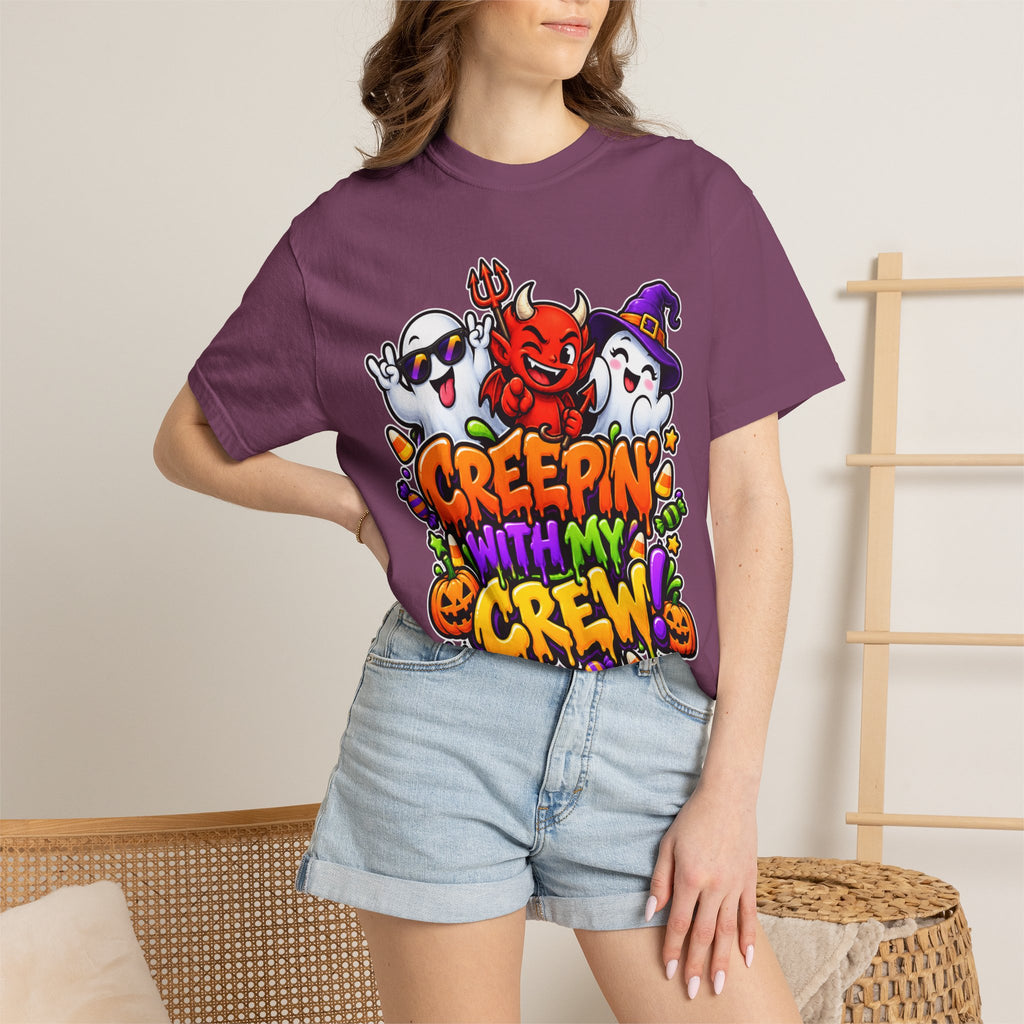 Creepin’ With My Crew Halloween T-Shirt – Colorful Funny Ghost & Devil Graphic Tee