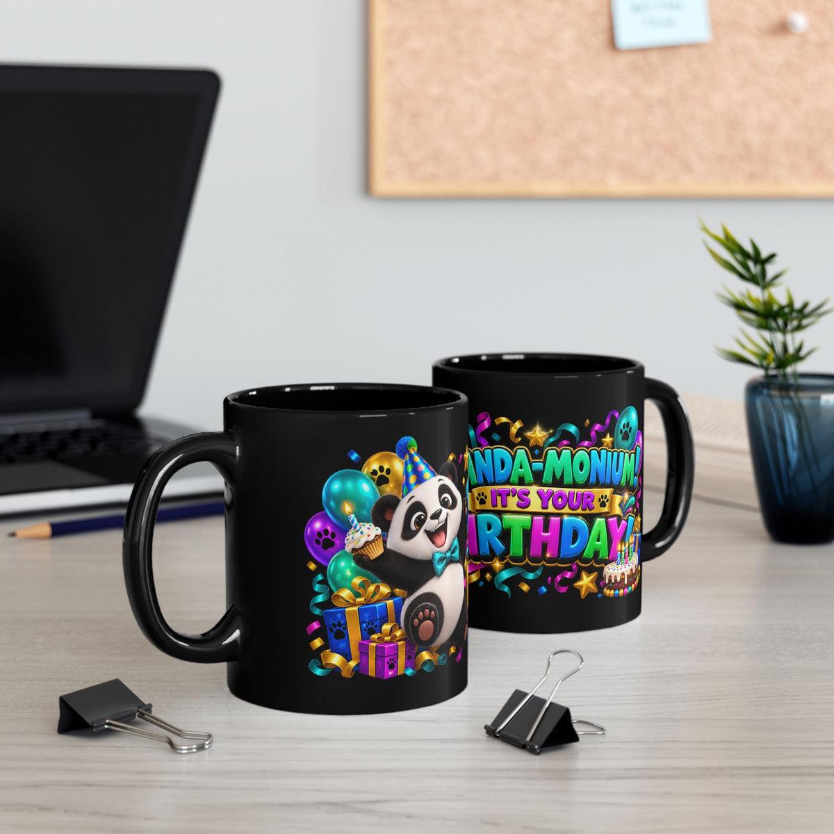 Panda-Monium! It’s Your Birthday Black Mug – Cute Panda Birthday Cup, Colorful Party Gift